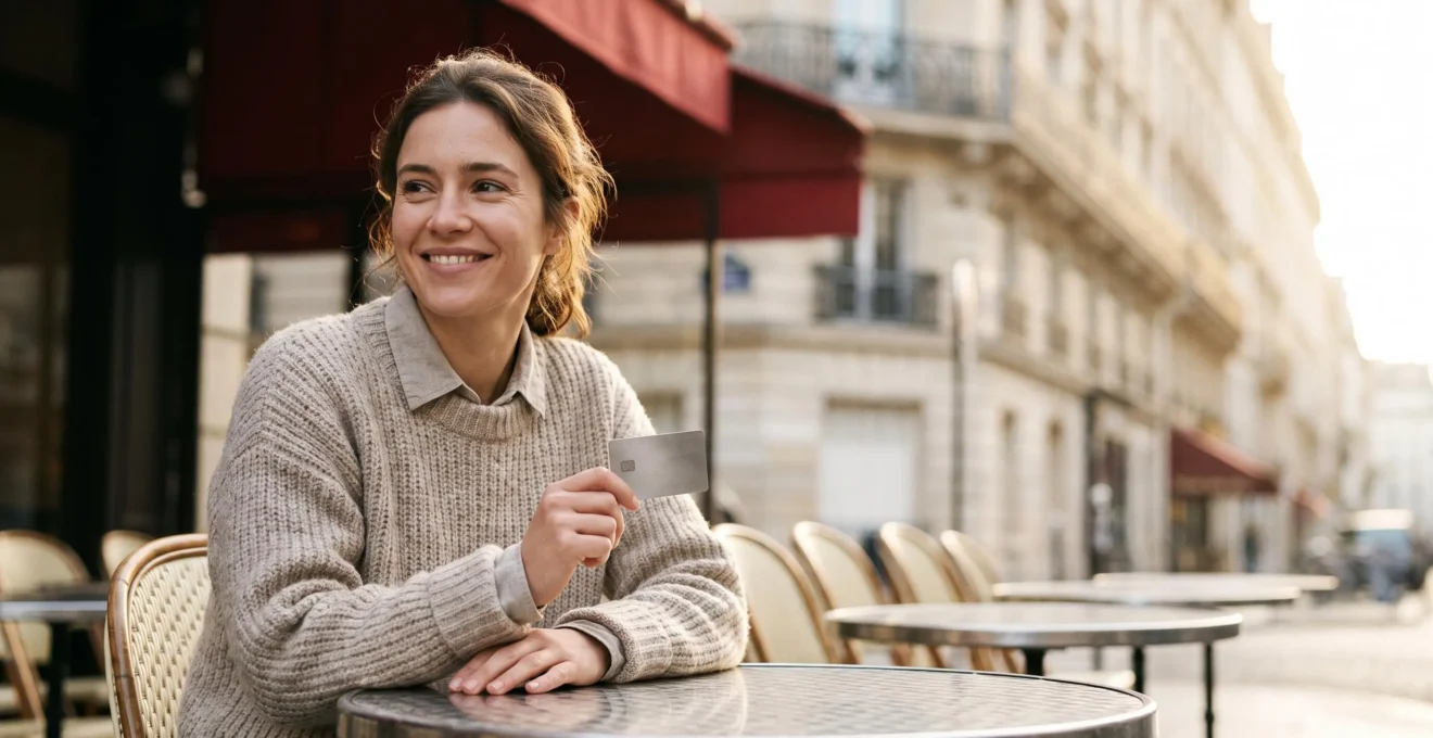 Jeune adulte souriant tenant une carte bancaire vierge sur une terrasse parisienne, symbole de liberté financière sans frais cachés