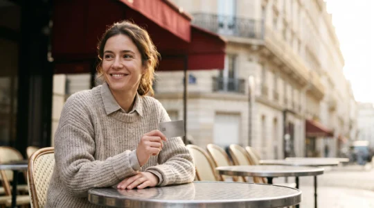 Jeune adulte souriant tenant une carte bancaire vierge sur une terrasse parisienne, symbole de liberté financière sans frais cachés