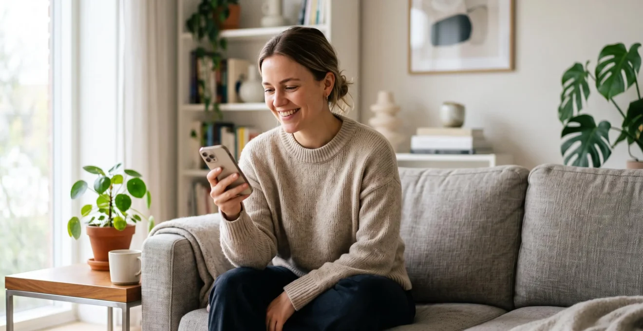 Personne souriante ouvrant un compte bancaire en ligne depuis son smartphone dans un salon lumineux, sans se deplacer