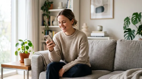 Personne souriante ouvrant un compte bancaire en ligne depuis son smartphone dans un salon lumineux, sans se deplacer