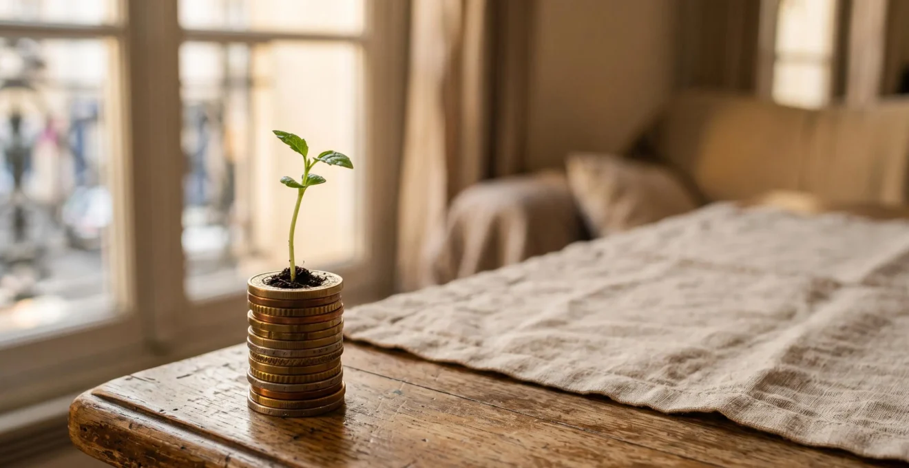 Illustration symbolique d'une graine germant depuis des pieces de monnaie empilees, representant la croissance patrimoniale sans fiscalite grace au PEA