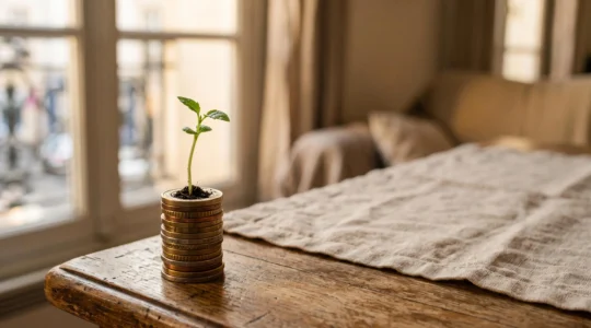 Illustration symbolique d'une graine germant depuis des pieces de monnaie empilees, representant la croissance patrimoniale sans fiscalite grace au PEA