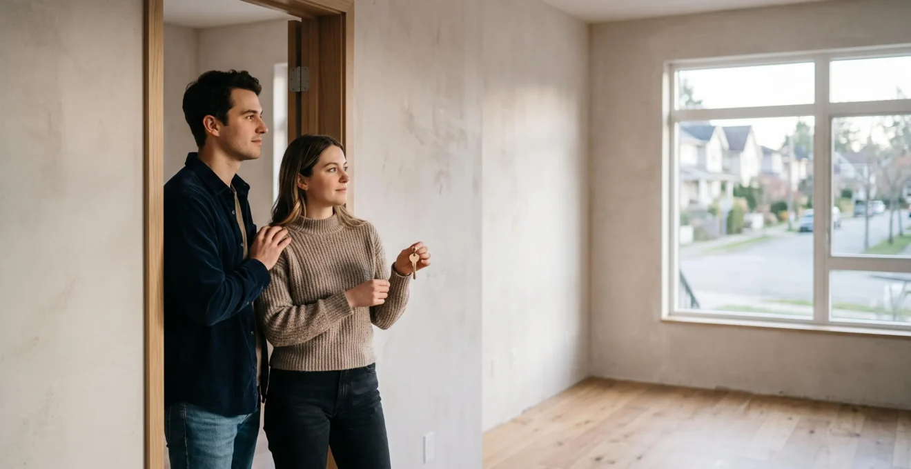 Jeune couple observant les clés d'un premier logement, symbole d'un budget immobilier maîtrisé