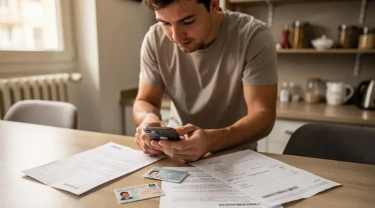 Personne préparant des documents administratifs pour l'ouverture d'un compte bancaire en ligne à domicile