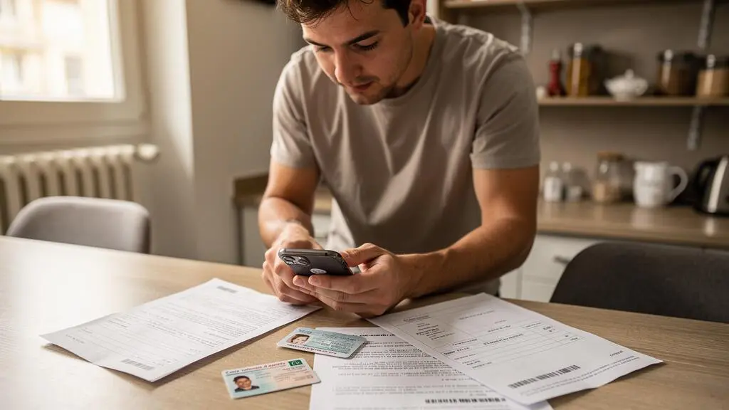Personne préparant des documents administratifs pour l'ouverture d'un compte bancaire en ligne à domicile