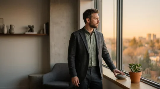 Portrait symbolique d'un épargnant en réflexion face à ses choix financiers, entre sécurité et croissance