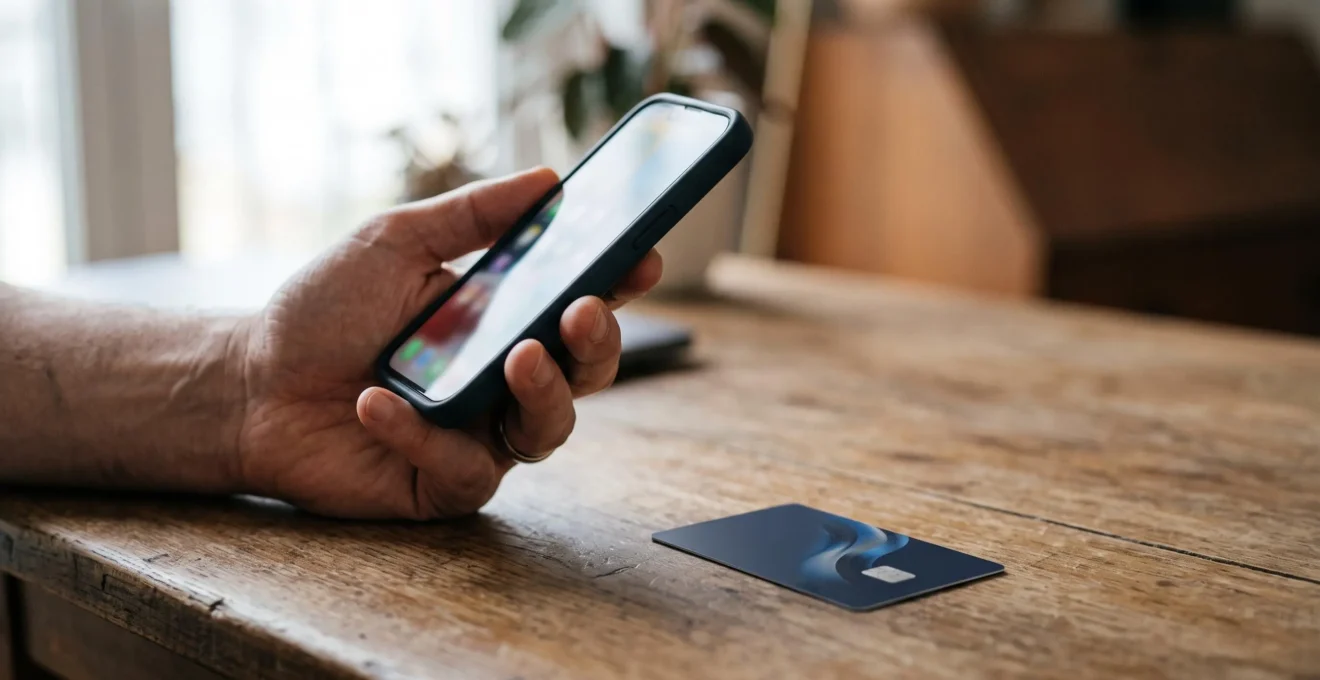 Main tenant un smartphone au-dessus d'une carte bancaire posée sur une table, symbolisant la protection des données bancaires lors d'un achat en ligne via un portefeuille numérique
