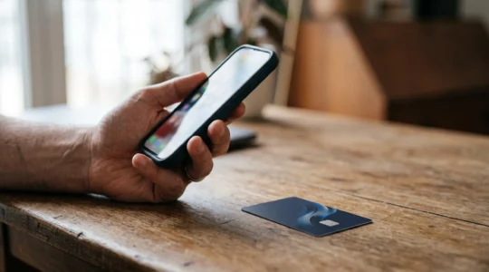 Main tenant un smartphone au-dessus d'une carte bancaire posée sur une table, symbolisant la protection des données bancaires lors d'un achat en ligne via un portefeuille numérique