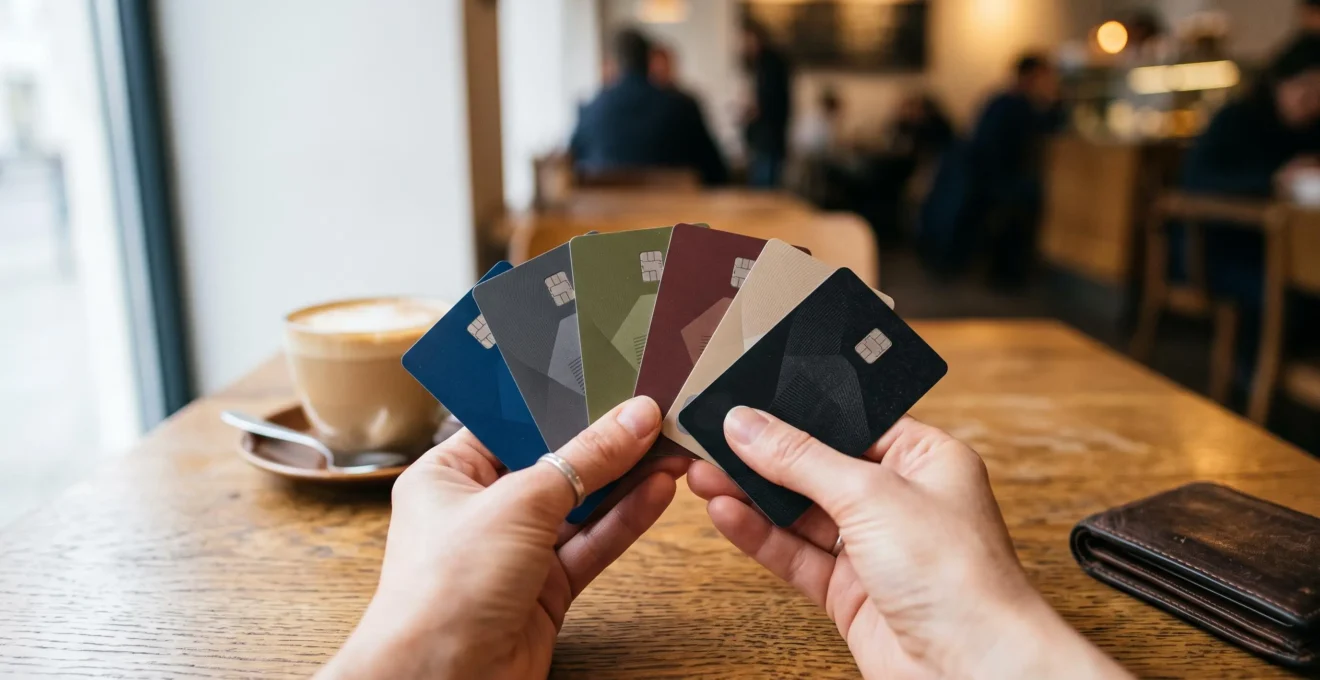 Une personne tenant plusieurs cartes bancaires differentes au-dessus d'une table en bois, illustrant le choix entre plusieurs types de comptes courants