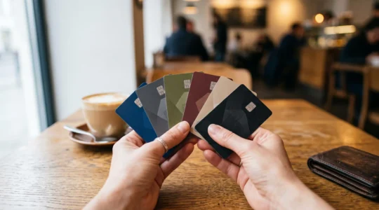 Une personne tenant plusieurs cartes bancaires differentes au-dessus d'une table en bois, illustrant le choix entre plusieurs types de comptes courants