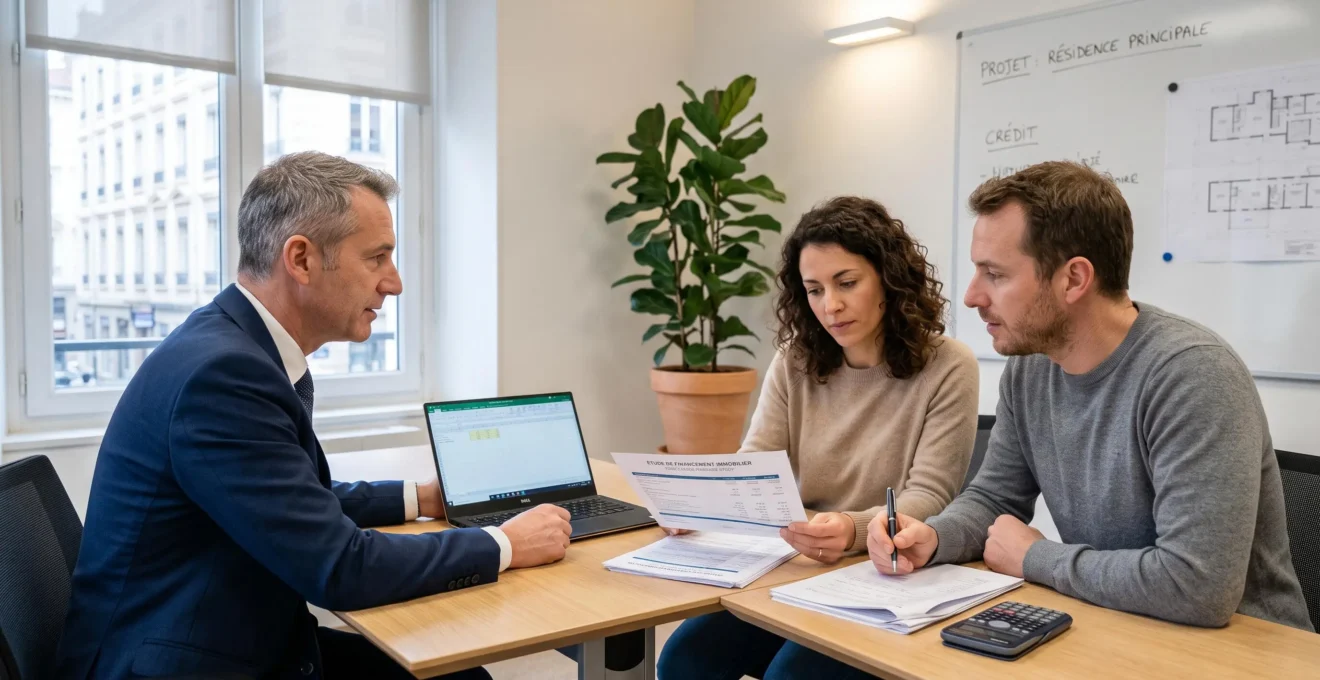 Un conseiller bancaire présente une étude de financement imprimée à un couple lors d'un rendez-vous en agence.
