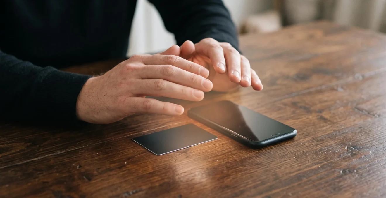 Main tenant un smartphone au-dessus d'une carte bancaire posee sur une table, symbolisant la protection numerique des transactions financieres