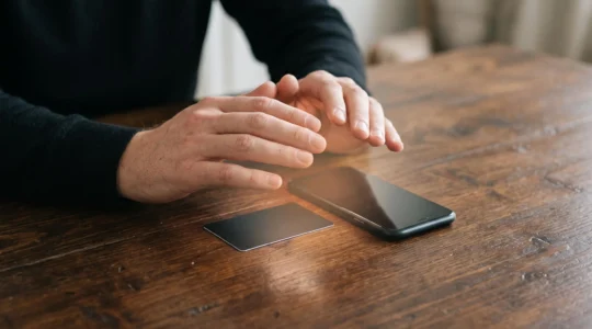 Main tenant un smartphone au-dessus d'une carte bancaire posee sur une table, symbolisant la protection numerique des transactions financieres