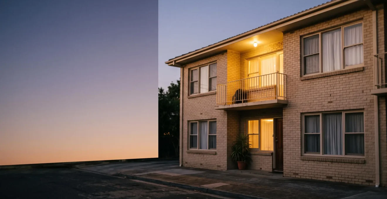 Petit immeuble résidentiel au coucher du soleil symbolisant un studio générant des revenus locatifs mensuels