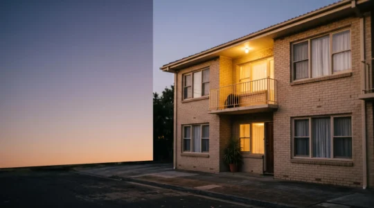 Petit immeuble résidentiel au coucher du soleil symbolisant un studio générant des revenus locatifs mensuels