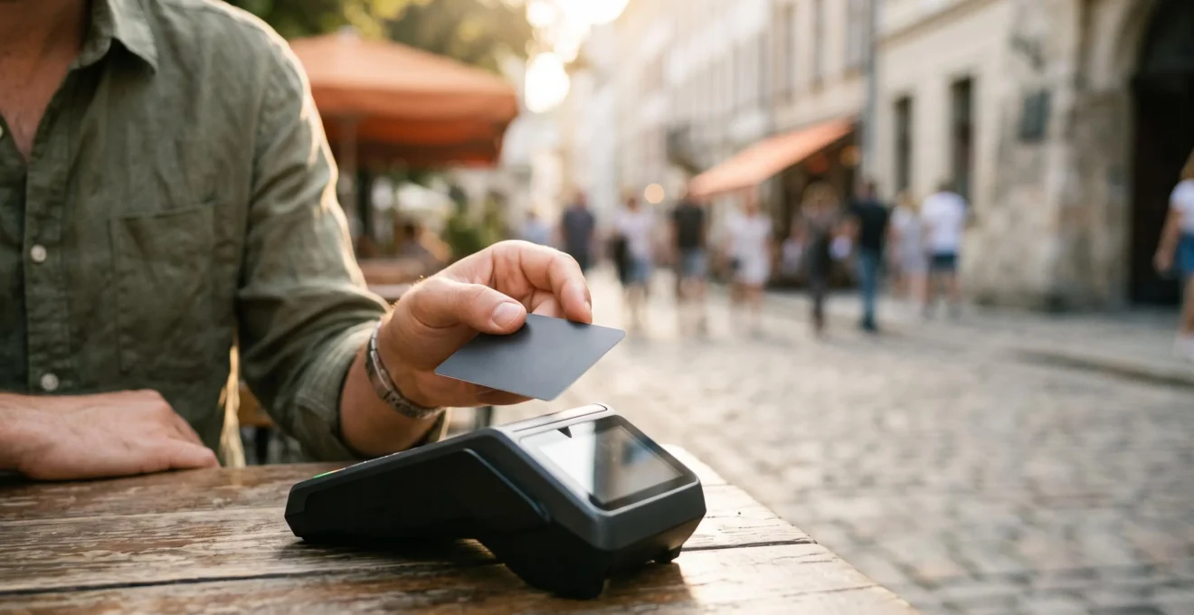 Main tenant une carte bancaire au-dessus d'un terminal de paiement dans un décor de voyage, symbolisant la maîtrise des frais bancaires en France et à l'étranger