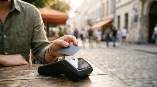 Main tenant une carte bancaire au-dessus d'un terminal de paiement dans un décor de voyage, symbolisant la maîtrise des frais bancaires en France et à l'étranger